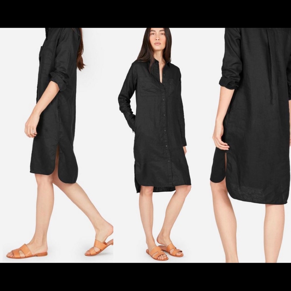 Everlane The Linen Shirt Dress in Black Never Worn Long Sleeve 100% Linen